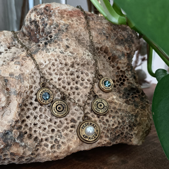 Denim + Pearl Bullet Casing Charm Necklace