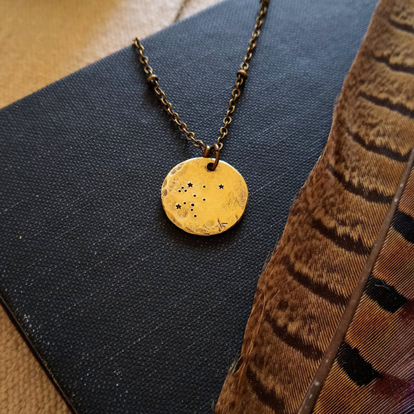 Aquarius Constellation Disc Pendant Necklace in Brass with a Satellite Chain